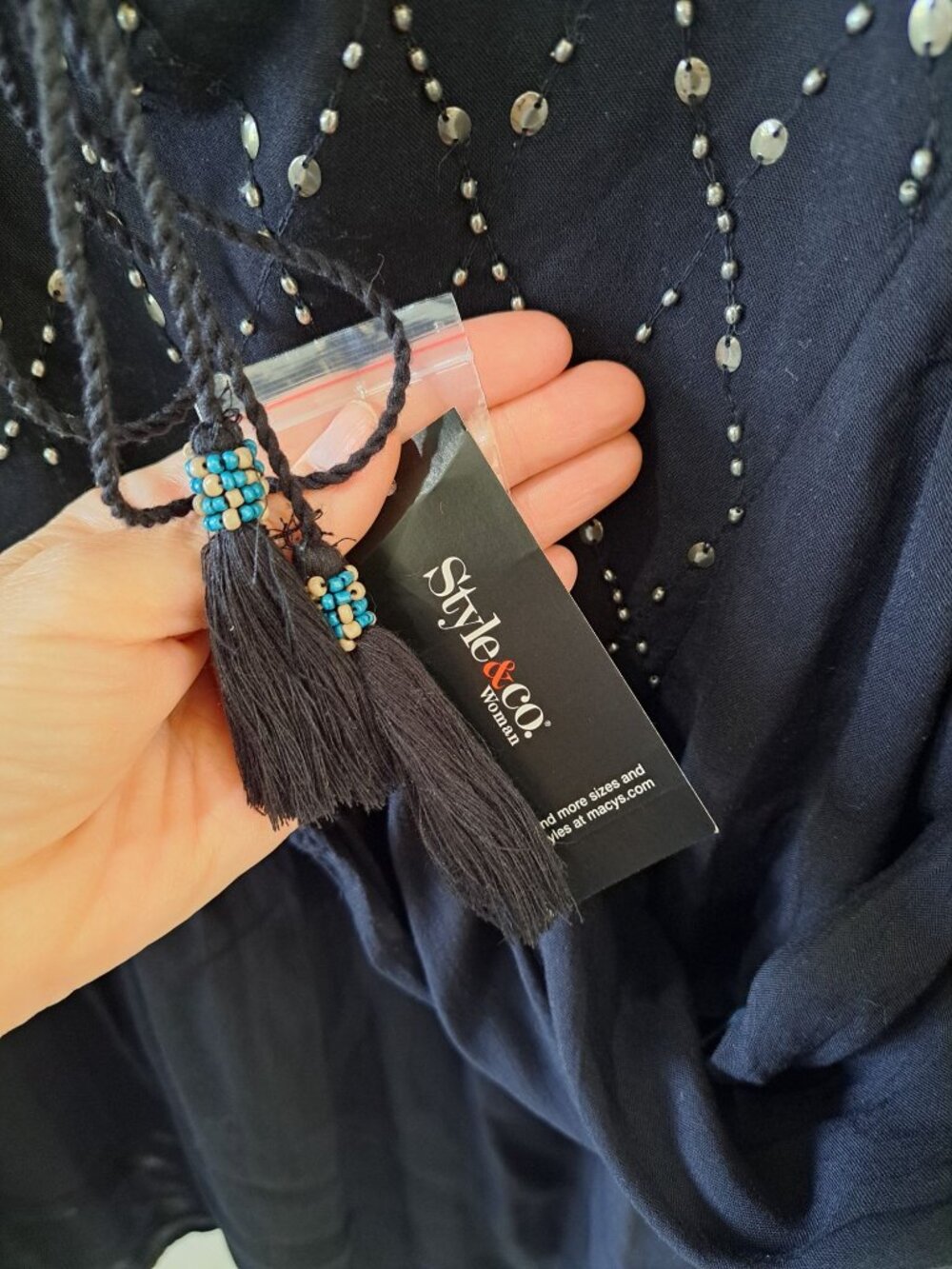 NEW 3XL Black Embroidered Peasant Top Beaded Tassel Tie Neckline Womens Plus - Picture 3 of 13